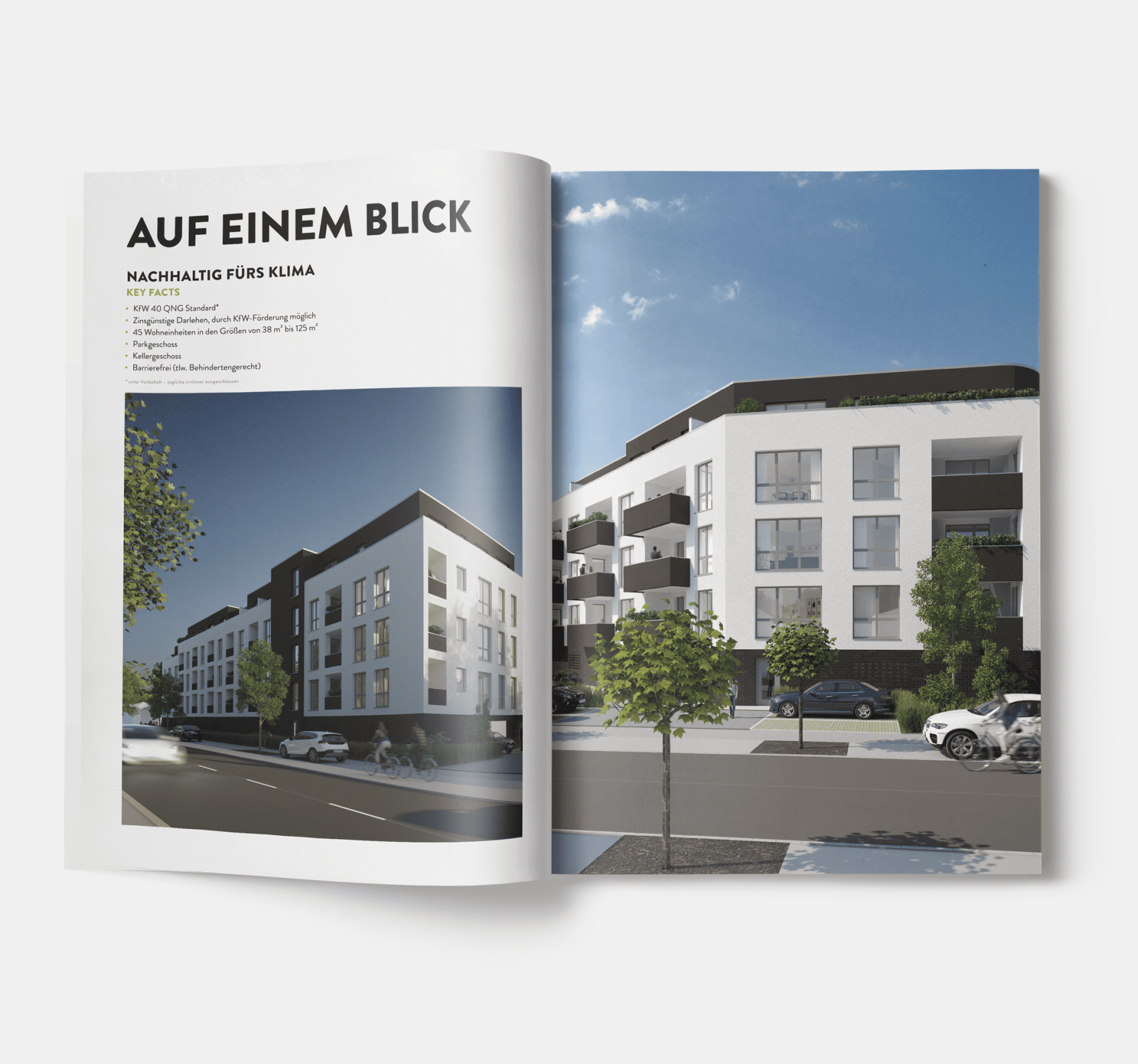 Moderne Wohngebäude mit weißen Fassaden, großen Fenstern und Balkonen, umgeben von Bäumen und Verkehr.