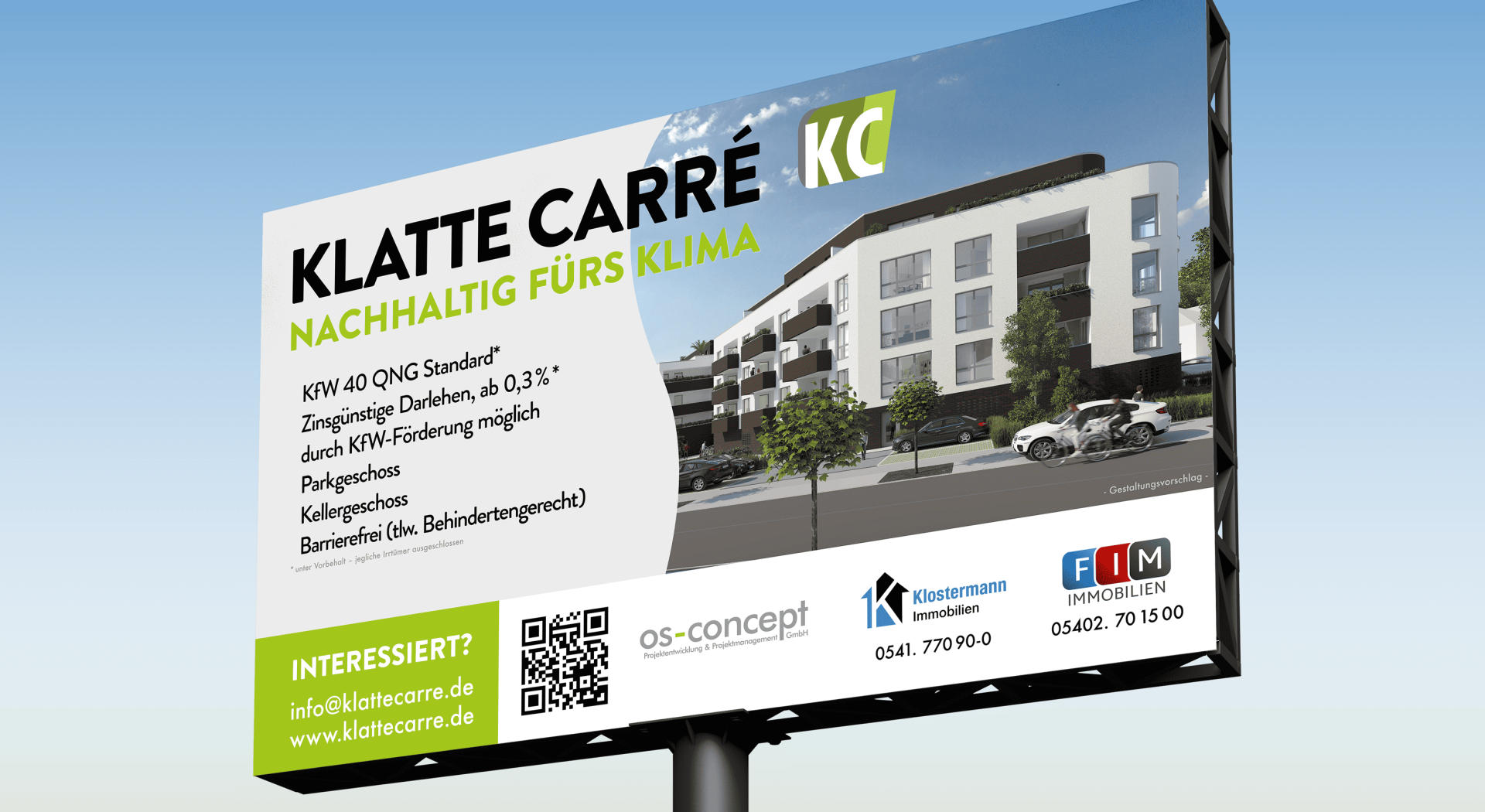 Werbeplakat für das Bauprojekt "Klatte Carré" mit modernem Wohngebäude und Infos zu Nachhaltigkeit.