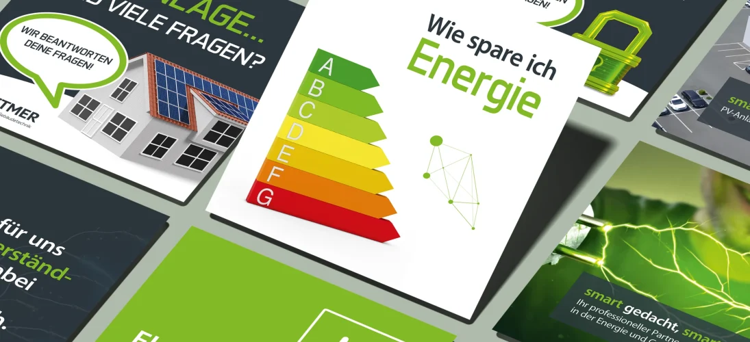 Collage zeigt Solarpaneele, Energieeffizienzlabel und Infos zu PV-Anlagen und Elektroinstallationen.