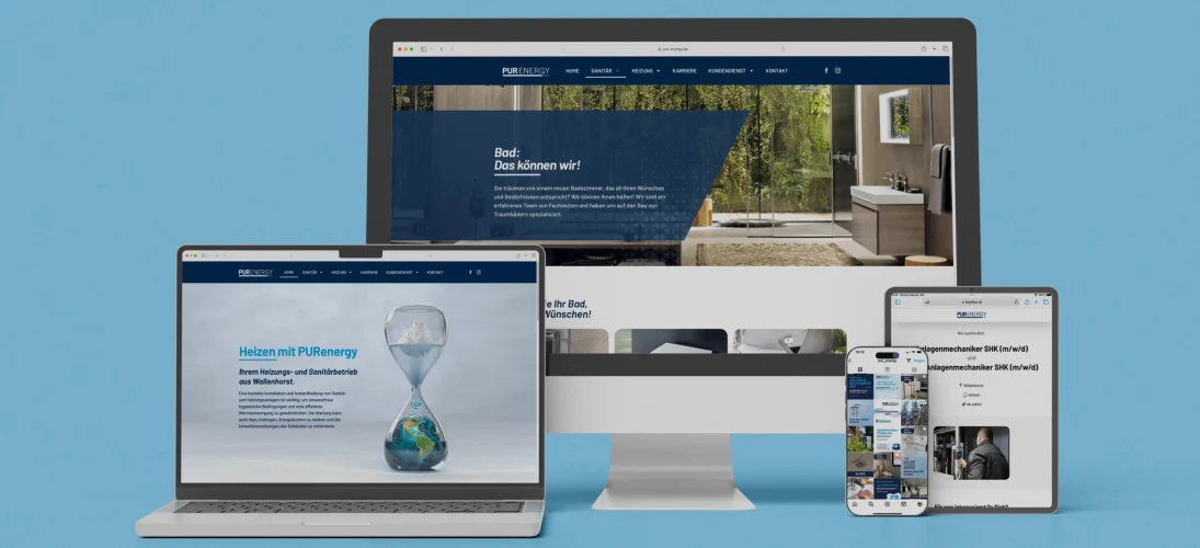 Vier Geräte zeigen die PUREnergy-Website mit Themen zu Bad, Heizung, Jobs und mobiler Ansicht.