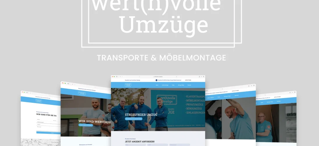 Werbegrafik für "wert(h)volle Umzüge" mit Website-Screenshots und Logo im Hintergrund.